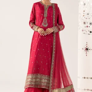 3 Piece Embroidered Raw Silk Suit